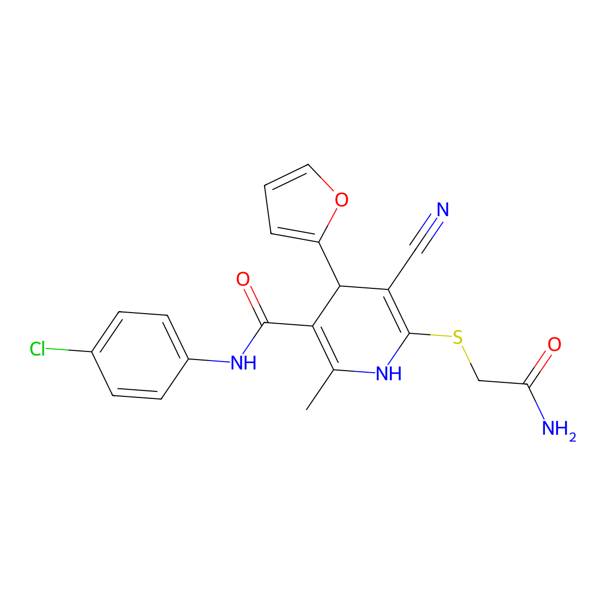 6-(2-amino-2-oxoethyl)sulfanyl-N-(4-chlorophenyl)-5-cyano-4-(furan-2-yl)-2-methyl-1,4-dihydropyridine-3-carboxamide molecular structure, CAS 375351-69-2