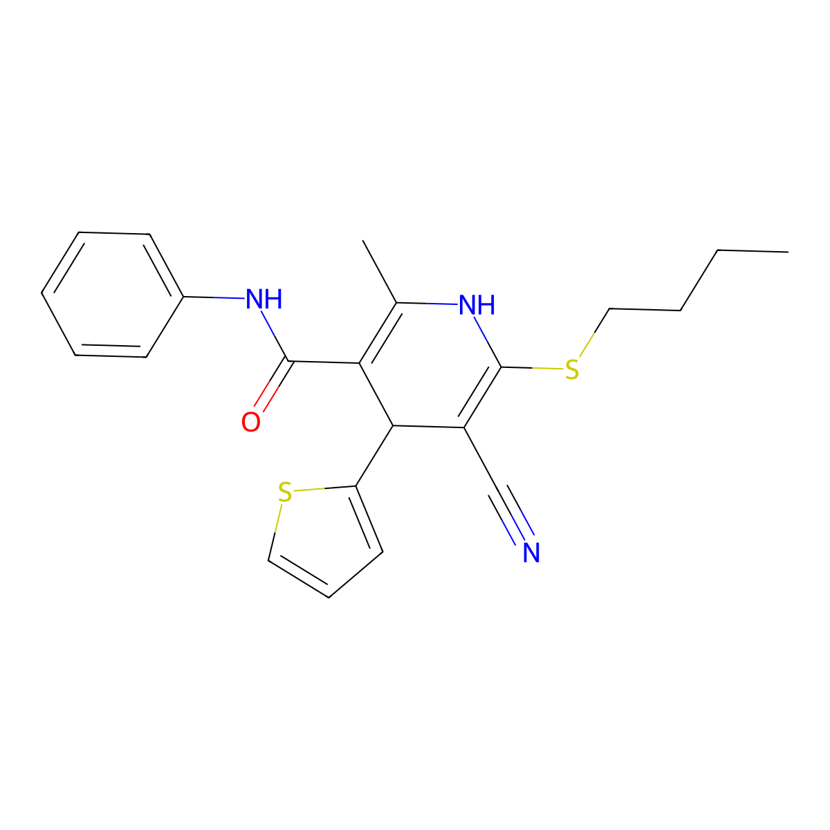6-butylsulfanyl-5-cyano-2-methyl-N-phenyl-4-thiophen-2-yl-1,4-dihydropyridine-3-carboxamide molecular structure, CAS 375352-05-9