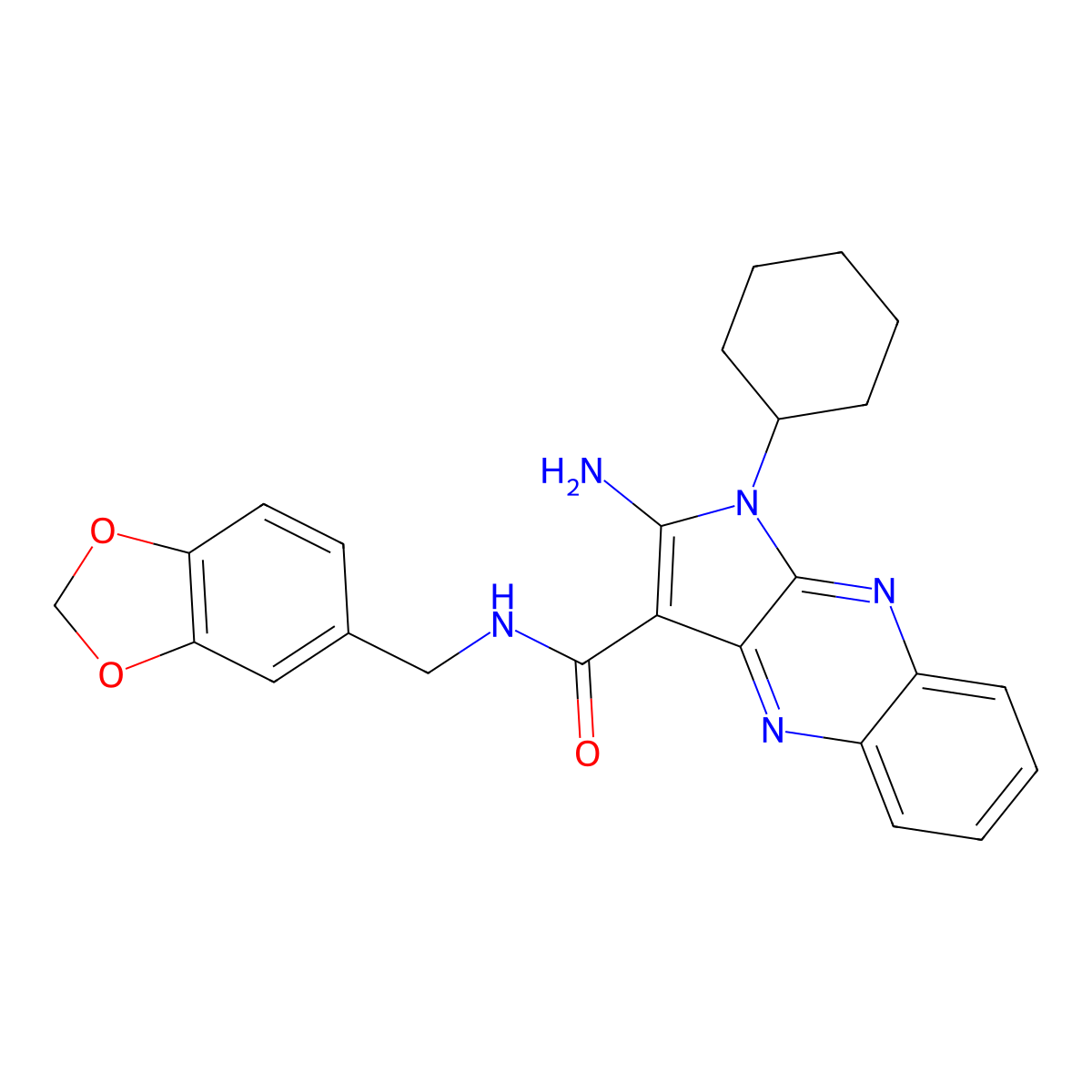 2-amino-N-(1,3-benzodioxol-5-ylmethyl)-1-cyclohexyl-1H-pyrrolo[2,3-b]quinoxaline-3-carboxamide molecular structure, CAS 375352-78-6