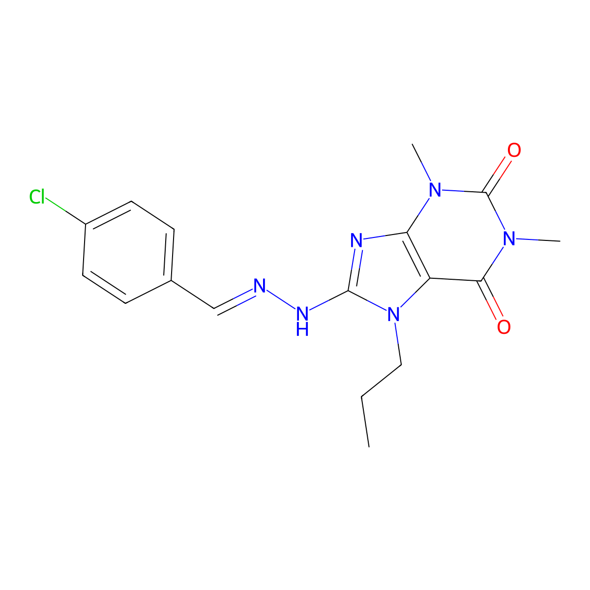 8-[2-[(4-Chlorophenyl)methylidene]hydrazinyl]-1,3-dimethyl-7-propylpurine-2,6-dione molecular structure, CAS 375353-08-5