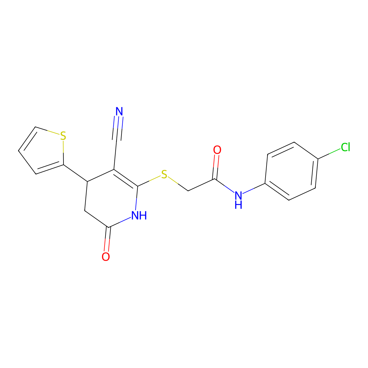 N-(4-chlorophenyl)-2-{[3-cyano-6-oxo-4-(thiophen-2-yl)-1,4,5,6-tetrahydropyridin-2-yl]sulfanyl}acetamide molecular structure, CAS 375353-86-9