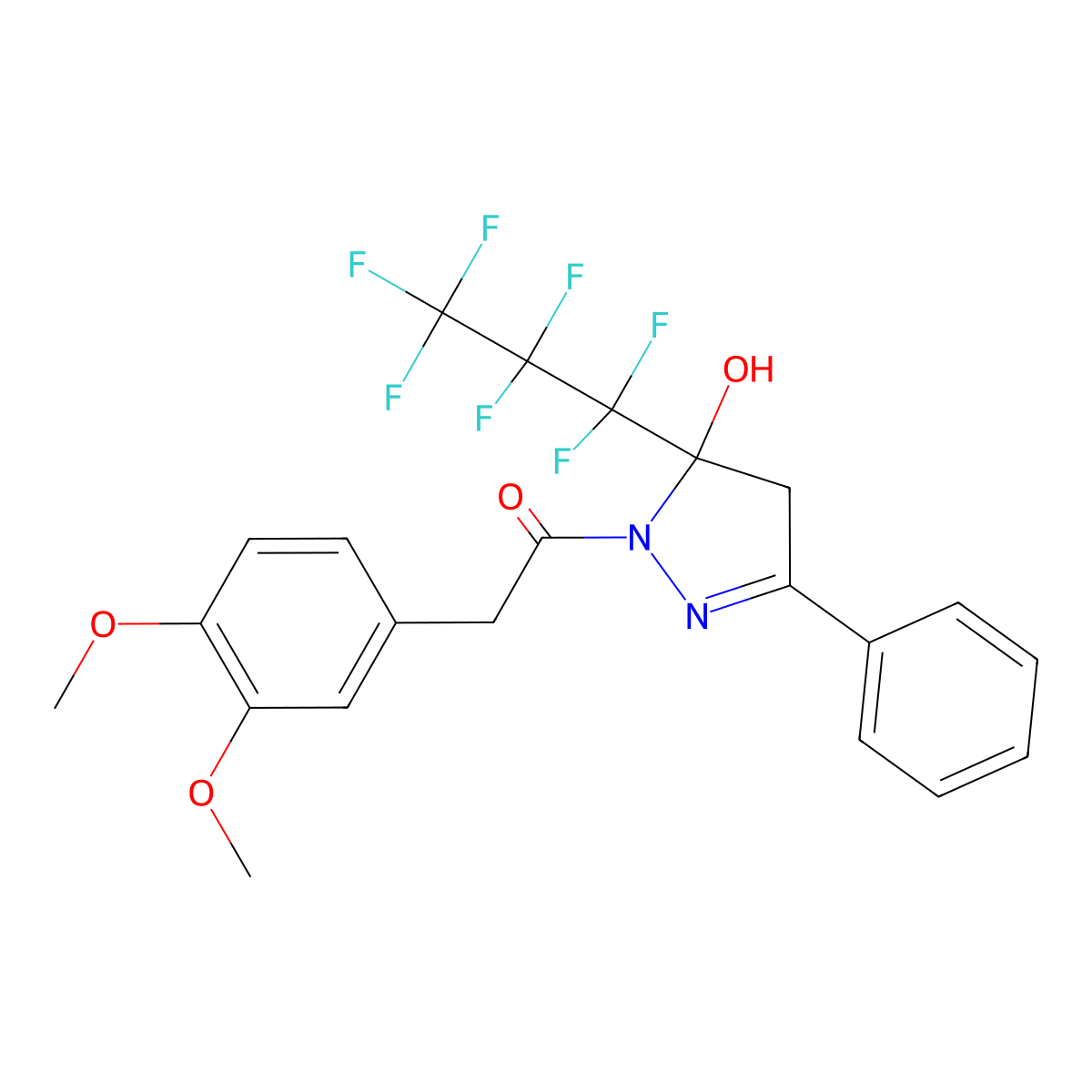 2-(3,4-dimethoxyphenyl)-1-[5-(heptafluoropropyl)-5-hydroxy-3-phenyl-4,5-dihydro-1H-pyrazol-1-yl]ethanone molecular structure, CAS 375354-47-5