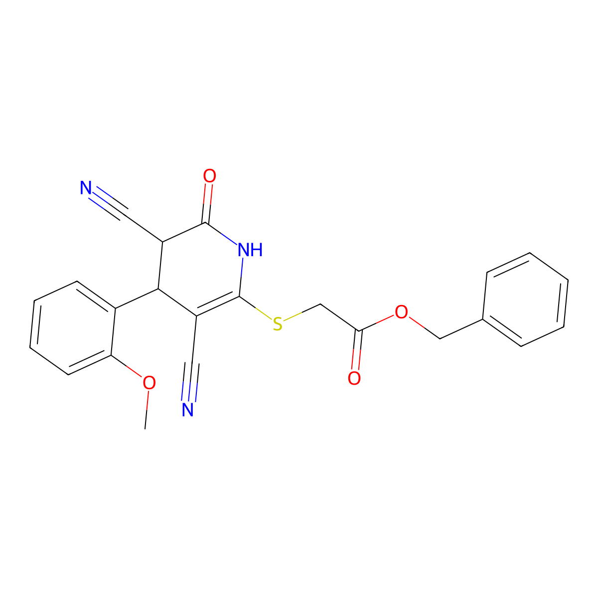 Benzyl {[3,5-dicyano-6-hydroxy-4-(2-methoxyphenyl)-4,5-dihydropyridin-2-yl]sulfanyl}acetate molecular structure, CAS 375354-98-6
