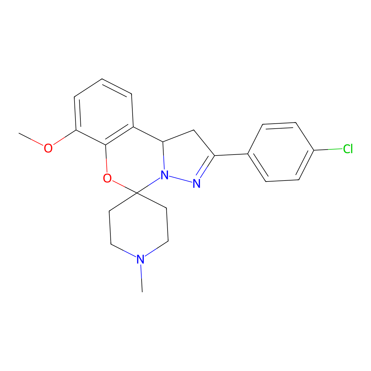 2'-(4-Chlorophenyl)-7'-methoxy-1-methyl-1',10b'-dihydrospiro[piperidine-4,5'-pyrazolo[1,5-c][1,3]benzoxazine] molecular structure, CAS 375355-70-7