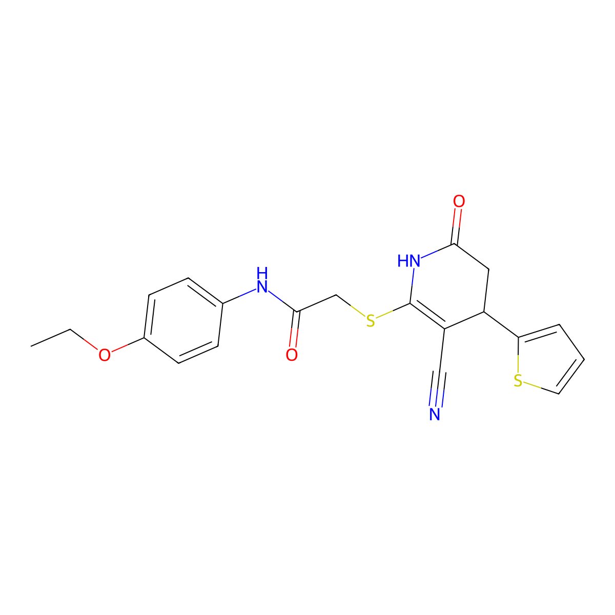 2-{[3-cyano-6-oxo-4-(thiophen-2-yl)-1,4,5,6-tetrahydropyridin-2-yl]sulfanyl}-N-(4-ethoxyphenyl)acetamide molecular structure, CAS 375355-90-1