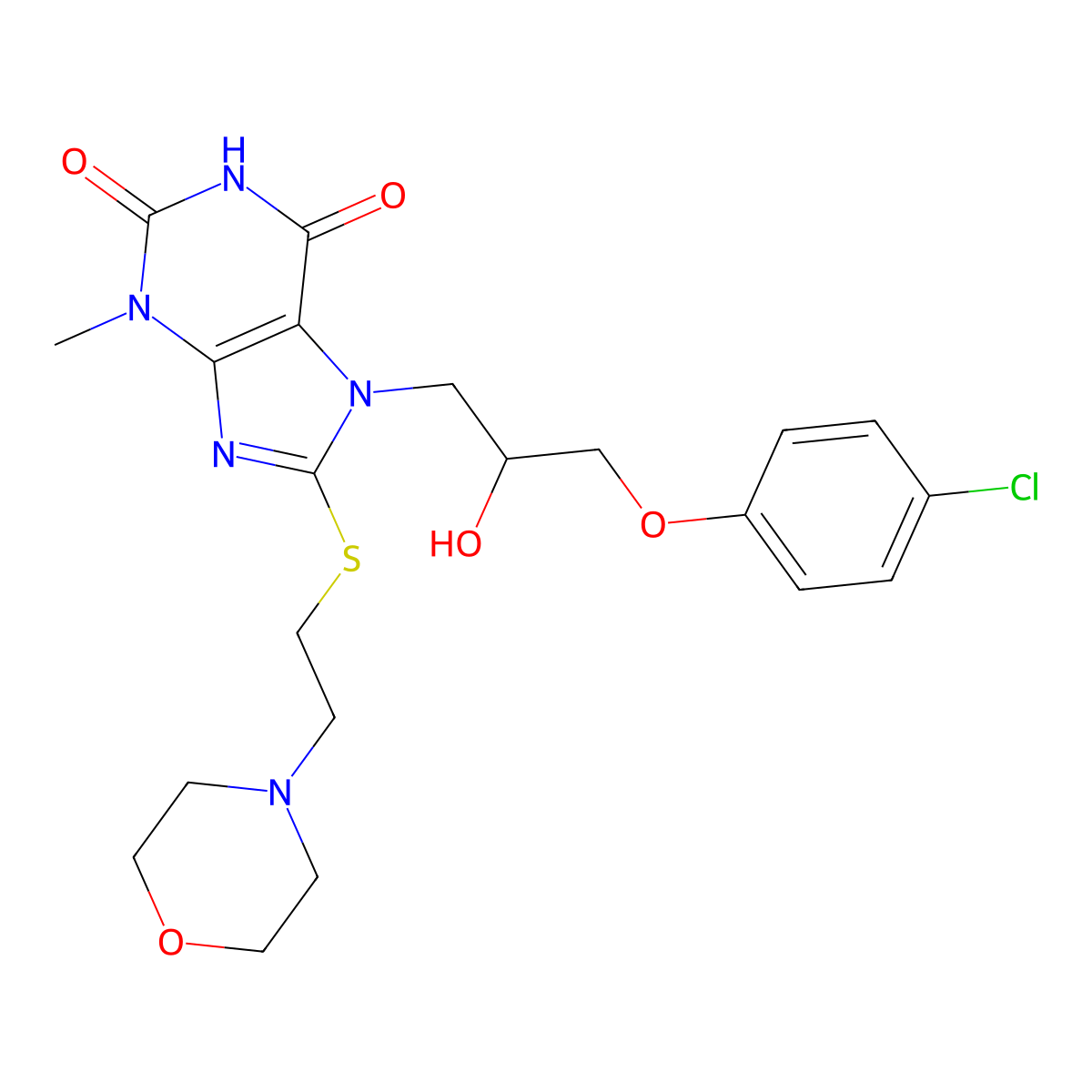 7-[3-(4-Chlorophenoxy)-2-hydroxypropyl]-3-methyl-8-(2-morpholin-4-ylethylsulfanyl)purine-2,6-dione molecular structure, CAS 375356-94-8