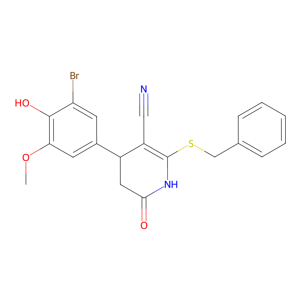 2-(Benzylthio)-4-(3-bromo-4-hydroxy-5-methoxyphenyl)-6-oxo-1,4,5,6-tetrahydropyridine-3-carbonitrile molecular structure, CAS 375359-57-2
