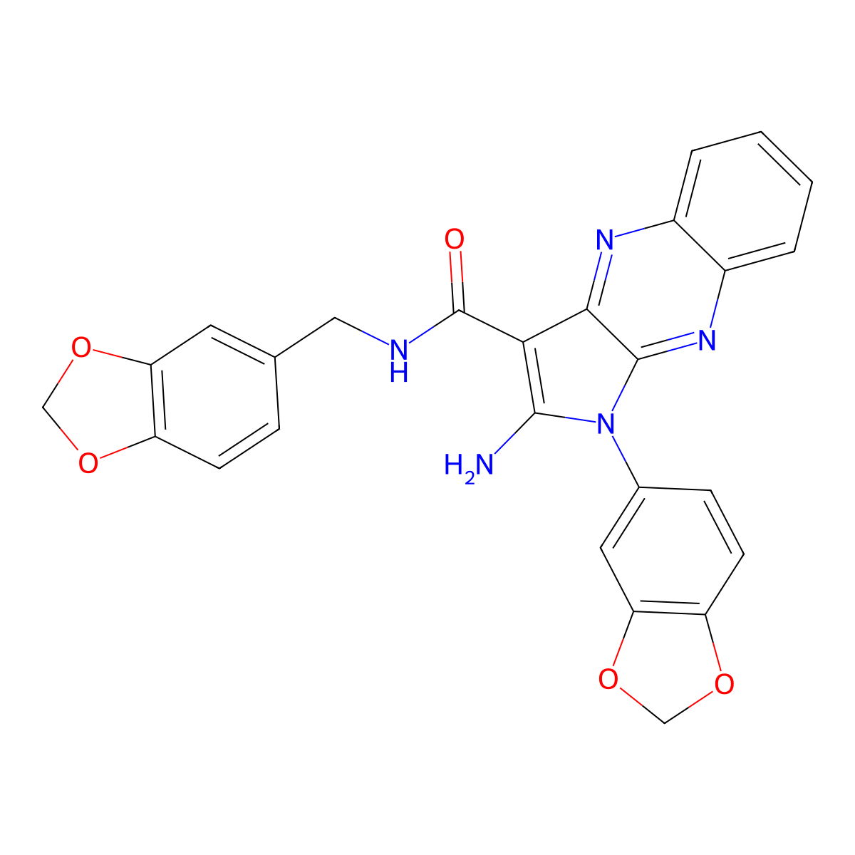 2-amino-1-(1,3-benzodioxol-5-yl)-N-(1,3-benzodioxol-5-ylmethyl)-1H-pyrrolo[2,3-b]quinoxaline-3-carboxamide molecular structure, CAS 375359-88-9