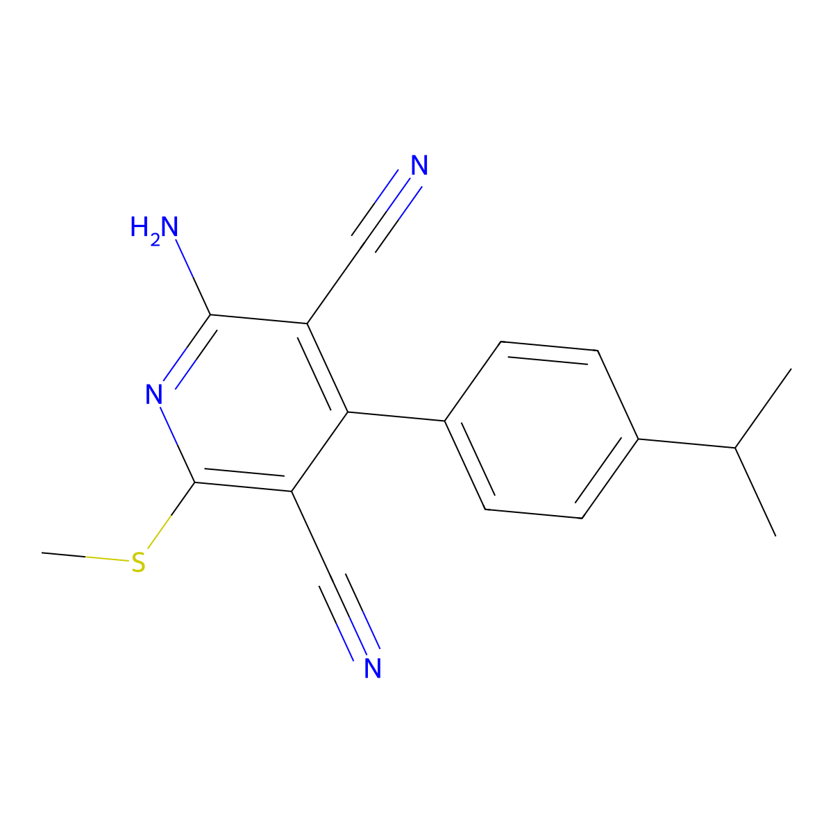 2-Amino-6-methylsulfanyl-4-(4-propan-2-ylphenyl)pyridine-3,5-dicarbonitrile molecular structure, CAS 375360-43-3