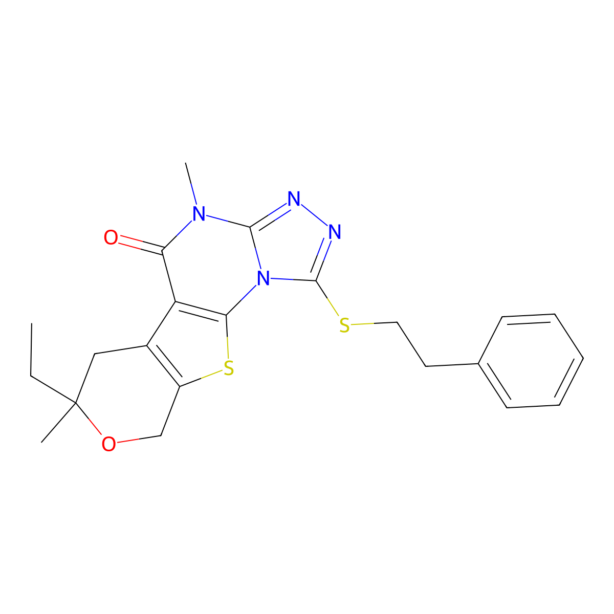 7-ethyl-4,7-dimethyl-1-(phenethylthio)-6,7-dihydro-4H-pyrano[4',3':4,5]thieno[3,2-e][1,2,4]triazolo[4,3-a]pyrimidin-5(9H)-one molecular structure, CAS 375360-53-5