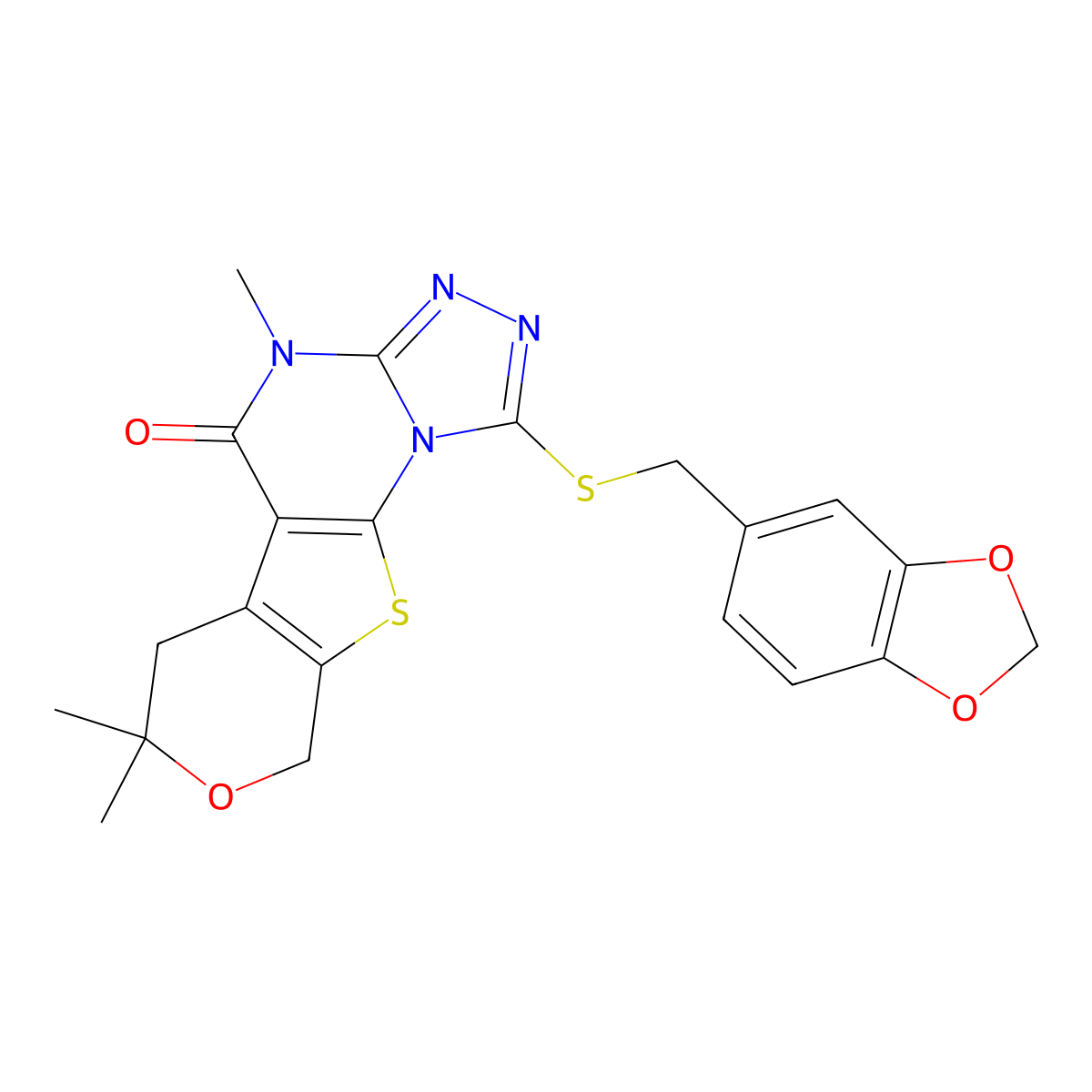 1-((benzo[d][1,3]dioxol-5-ylmethyl)thio)-4,7,7-trimethyl-6,7-dihydro-4H-pyrano[4',3':4,5]thieno[3,2-e][1,2,4]triazolo[4,3-a]pyrimidin-5(9H)-one molecular structure, CAS 375360-68-2