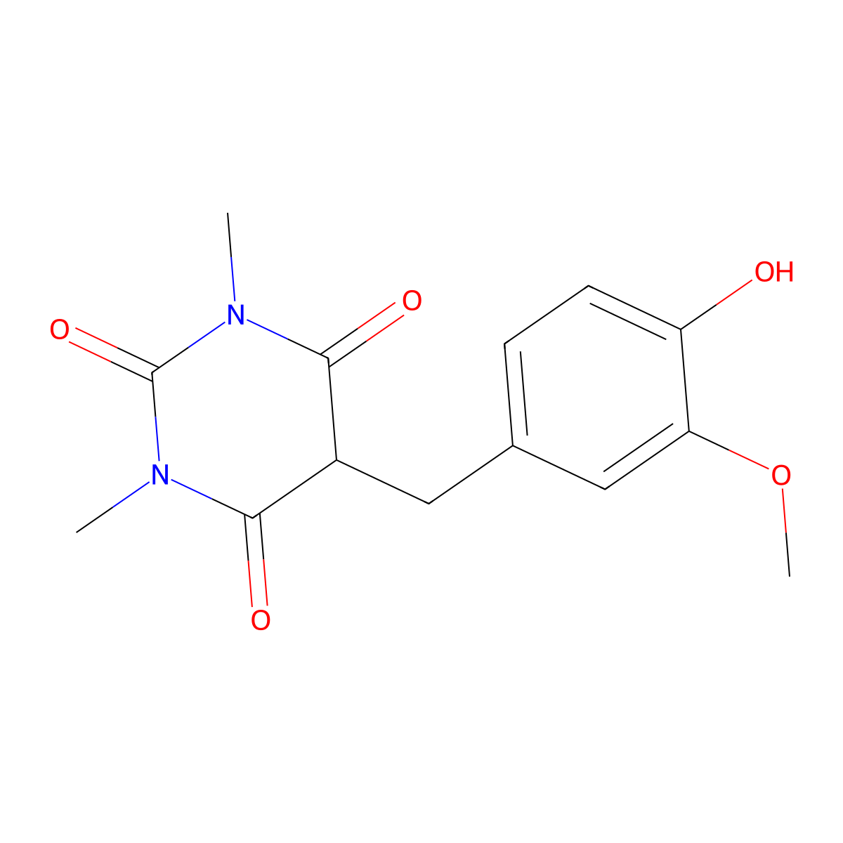 5-(4-hydroxy-3-methoxybenzyl)-1,3-dimethylpyrimidine-2,4,6(1H,3H,5H)-trione molecular structure, CAS 375362-21-3