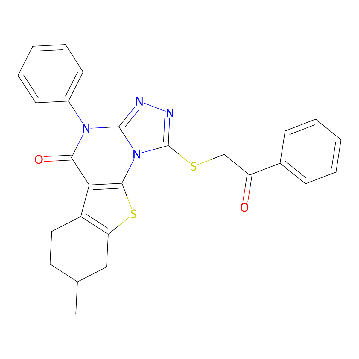 8-methyl-1-[(2-oxo-2-phenylethyl)sulfanyl]-4-phenyl-6,7,8,9-tetrahydro[1]benzothieno[3,2-e][1,2,4]triazolo[4,3-a]pyrimidin-5(4H)-one molecular structure, CAS 375362-38-2