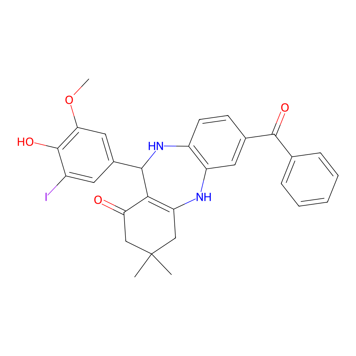 2-benzoyl-6-(4-hydroxy-3-iodo-5-methoxyphenyl)-9,9-dimethyl-6,8,10,11-tetrahydro-5H-benzo[b][1,4]benzodiazepin-7-one molecular structure, CAS 375362-79-1