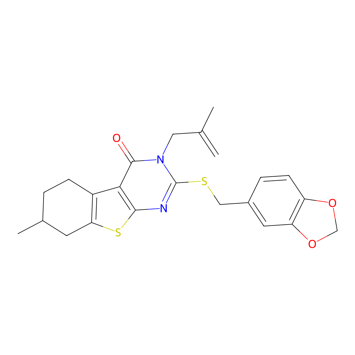 2-(1,3-Benzodioxol-5-ylmethylsulfanyl)-7-methyl-3-(2-methylprop-2-enyl)-5,6,7,8-tetrahydro-[1]benzothiolo[2,3-d]pyrimidin-4-one molecular structure, CAS 375362-80-4