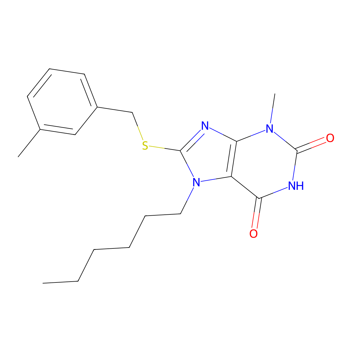 7-Hexyl-3-methyl-8-[(3-methylphenyl)methylsulfanyl]purine-2,6-dione molecular structure, CAS 375363-60-3