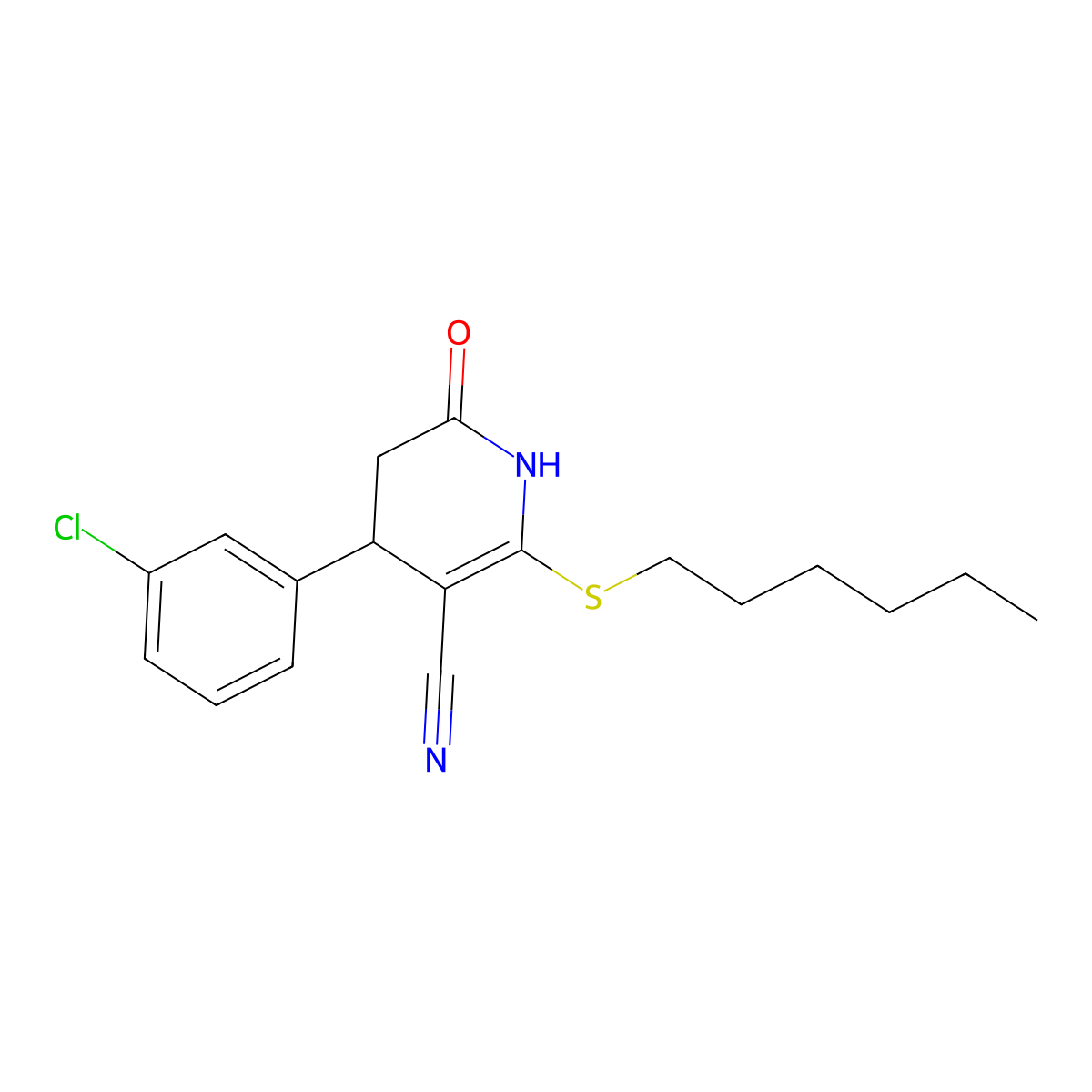 4-(3-Chlorophenyl)-2-(hexylthio)-6-oxo-1,4,5,6-tetrahydropyridine-3-carbonitrile molecular structure, CAS 375364-41-3
