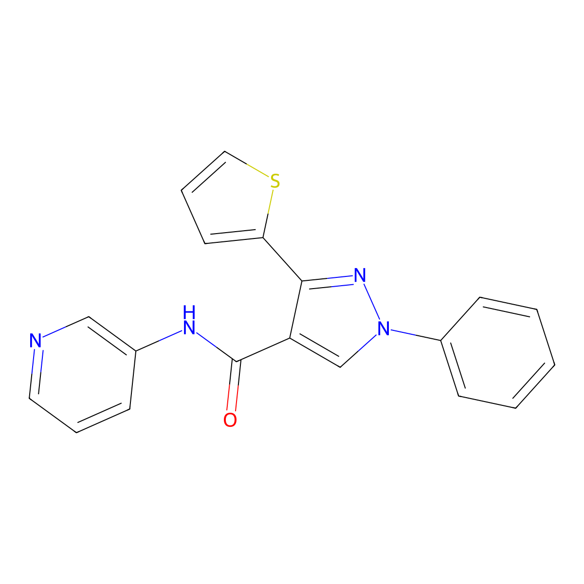 1-phenyl-N-(pyridin-3-yl)-3-(thiophen-2-yl)-1H-pyrazole-4-carboxamide molecular structure, CAS 375394-80-2