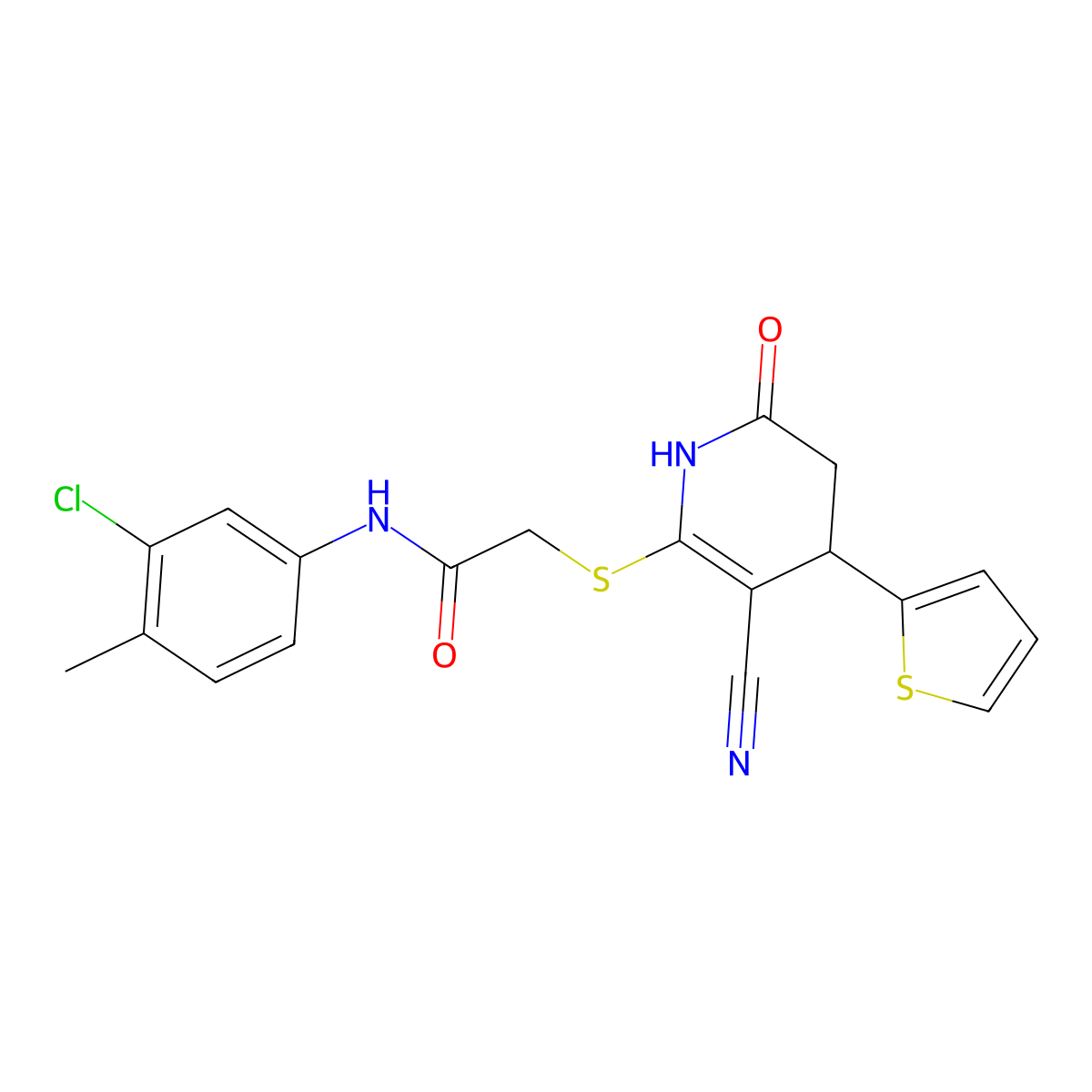 N-(3-chloro-4-methylphenyl)-2-{[3-cyano-6-oxo-4-(thiophen-2-yl)-1,4,5,6-tetrahydropyridin-2-yl]sulfanyl}acetamide molecular structure, CAS 375828-06-1