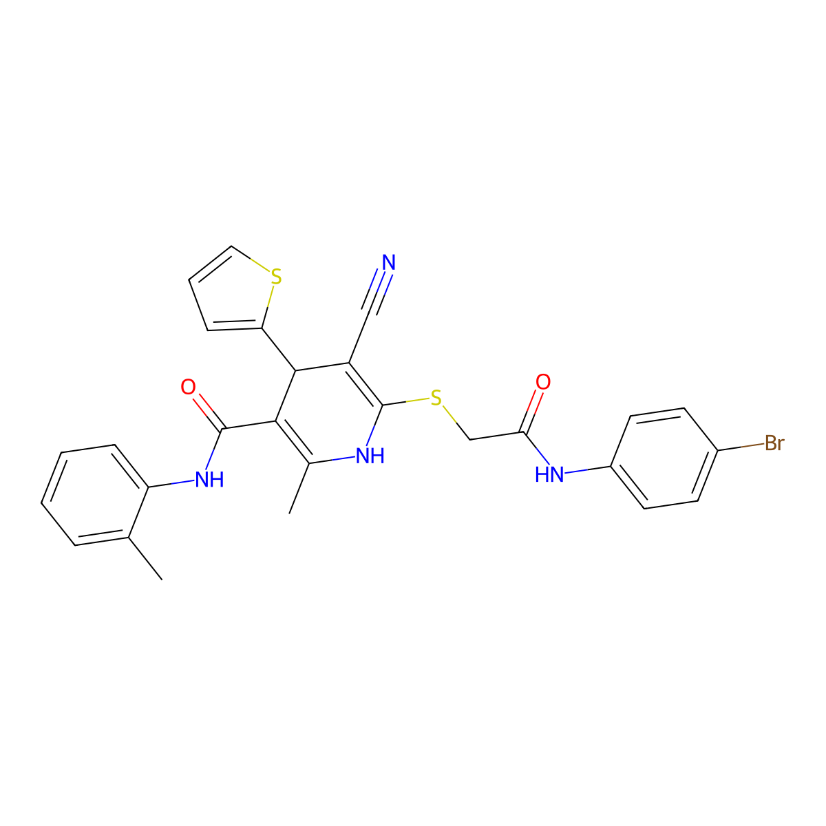 6-((2-((4-bromophenyl)amino)-2-oxoethyl)thio)-5-cyano-2-methyl-4-(thiophen-2-yl)-N-(o-tolyl)-1,4-dihydropyridine-3-carboxamide molecular structure, CAS 375828-16-3