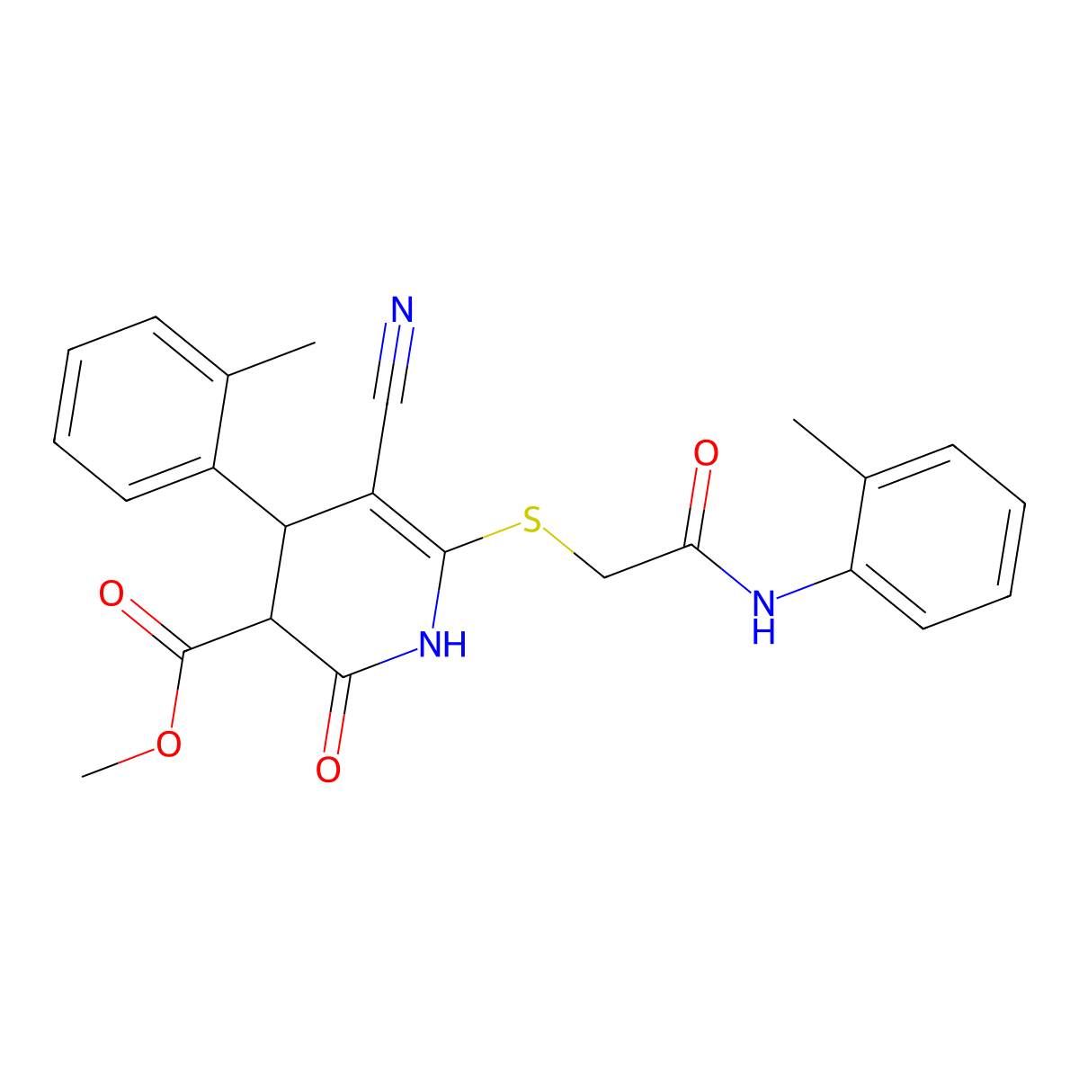 Methyl 5-cyano-2-oxo-6-((2-oxo-2-(o-tolylamino)ethyl)thio)-4-(o-tolyl)-1,2,3,4-tetrahydropyridine-3-carboxylate molecular structure, CAS 375828-28-7