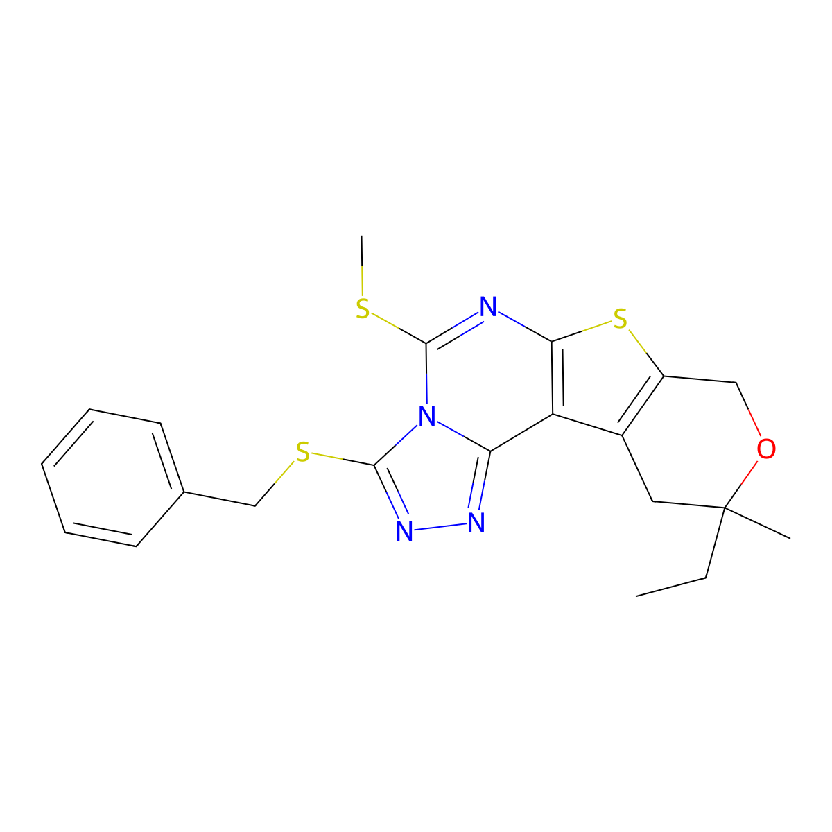 3-(benzylsulfanyl)-10-ethyl-10-methyl-5-(methylsulfanyl)-10,11-dihydro-8H-pyrano[4',3':4,5]thieno[3,2-e][1,2,4]triazolo[4,3-c]pyrimidine molecular structure, CAS 375828-44-7