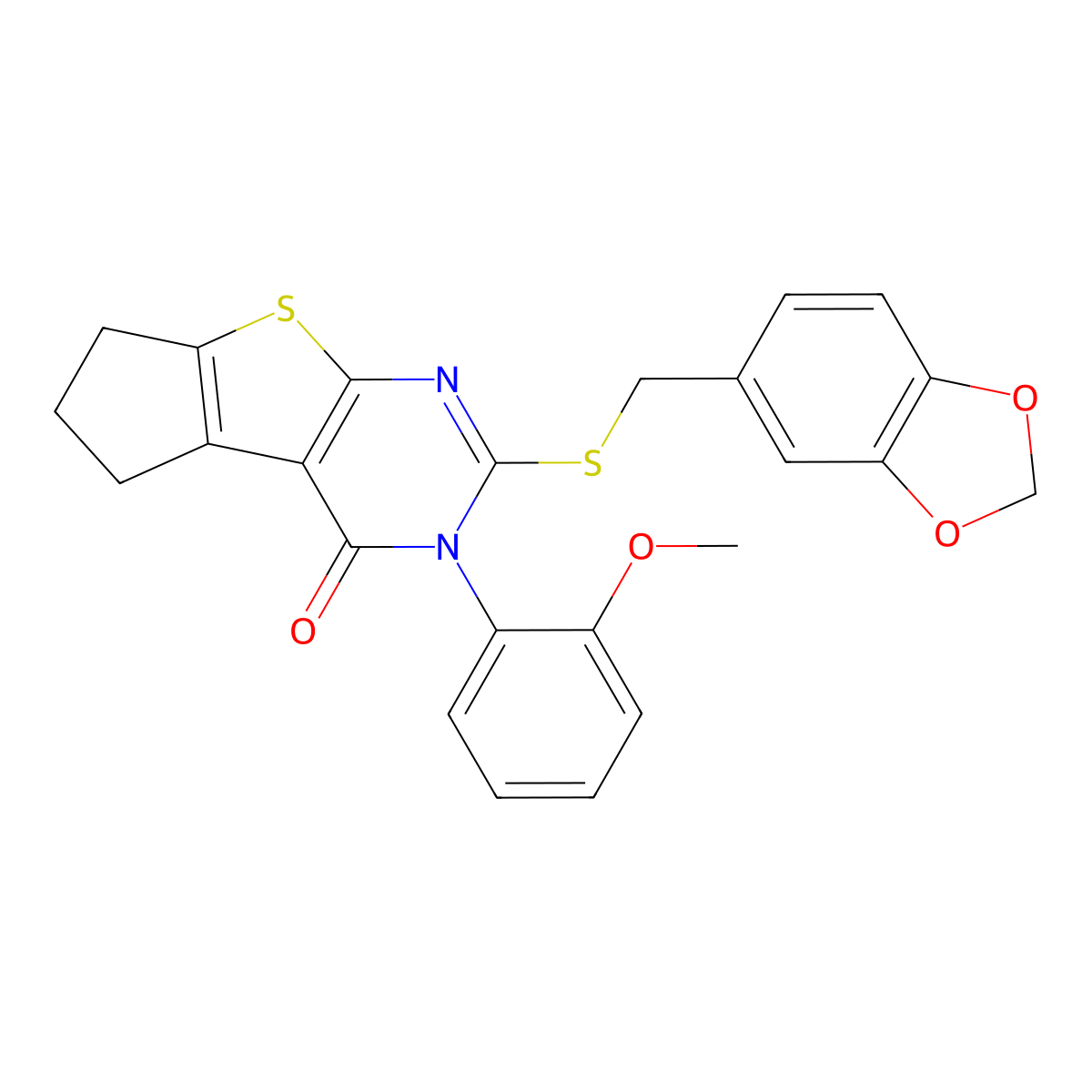 2-[(1,3-benzodioxol-5-ylmethyl)sulfanyl]-3-(2-methoxyphenyl)-3,5,6,7-tetrahydro-4H-cyclopenta[4,5]thieno[2,3-d]pyrimidin-4-one molecular structure, CAS 375828-69-6