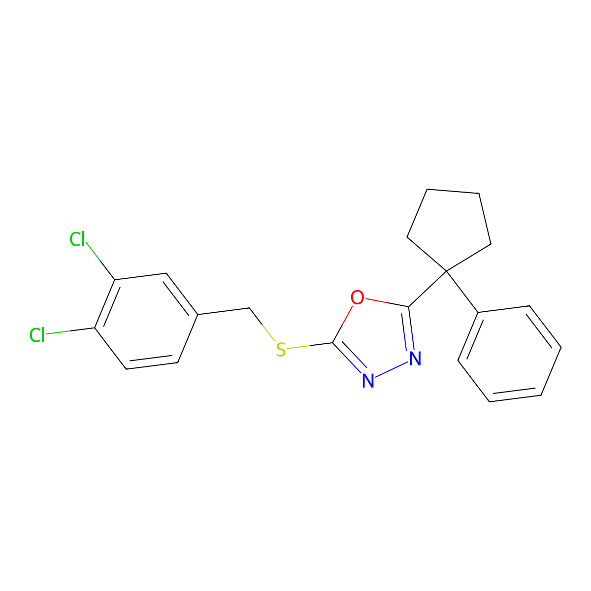 2-[(3,4-Dichlorophenyl)methylsulfanyl]-5-(1-phenylcyclopentyl)-1,3,4-oxadiazole molecular structure, CAS 375829-90-6