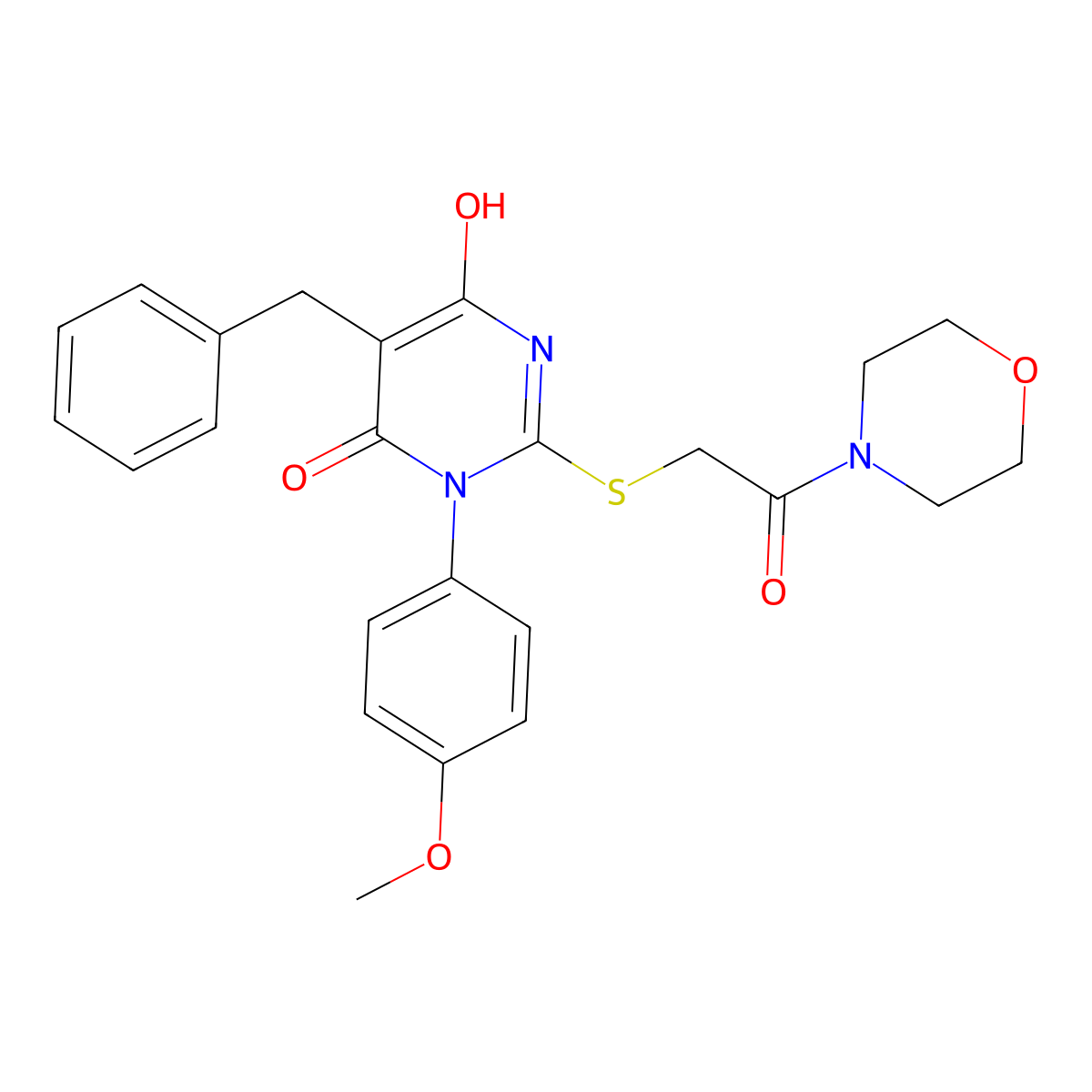 5-benzyl-6-hydroxy-3-(4-methoxyphenyl)-2-{[2-(4-morpholinyl)-2-oxoethyl]thio}-4(3H)-pyrimidinone molecular structure, CAS 375830-69-6