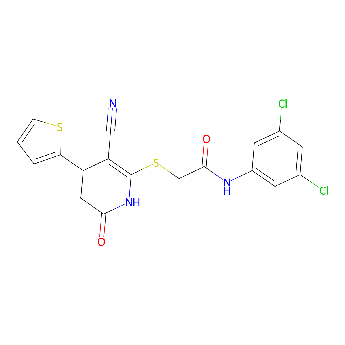 2-{[3-cyano-6-oxo-4-(thiophen-2-yl)-1,4,5,6-tetrahydropyridin-2-yl]sulfanyl}-N-(3,5-dichlorophenyl)acetamide molecular structure, CAS 375831-40-6