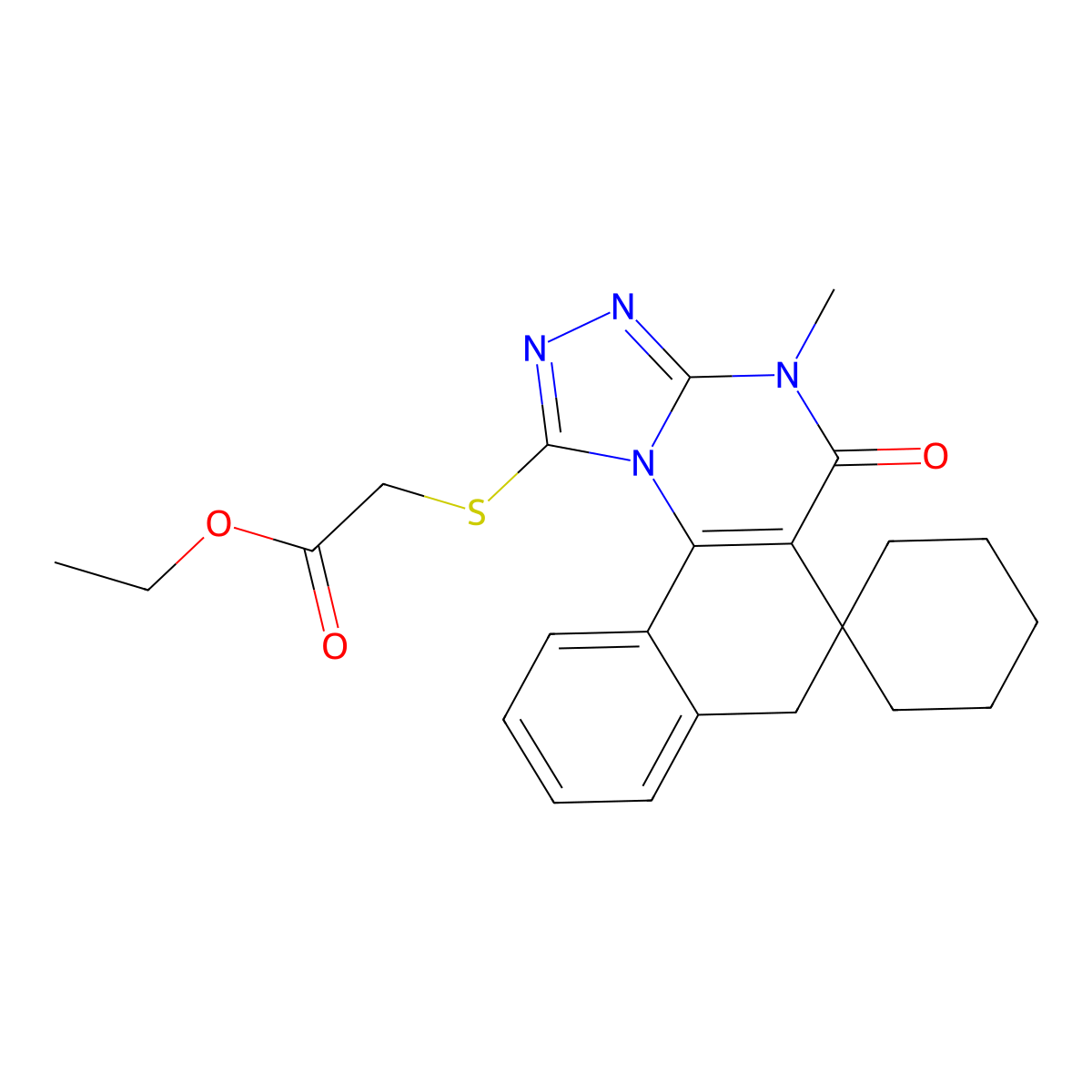 ethyl 2-((4-methyl-5-oxo-5,7-dihydro-4H-spiro[benzo[h][1,2,4]triazolo[4,3-a]quinazoline-6,1'-cyclohexan]-1-yl)thio)acetate molecular structure, CAS 375833-69-5