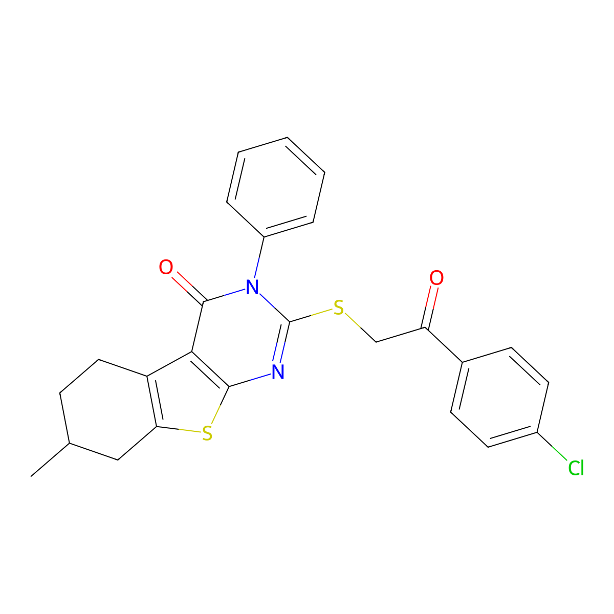 2-[2-(4-Chlorophenyl)-2-oxoethyl]sulfanyl-7-methyl-3-phenyl-5,6,7,8-tetrahydro-[1]benzothiolo[2,3-d]pyrimidin-4-one molecular structure, CAS 375833-89-9