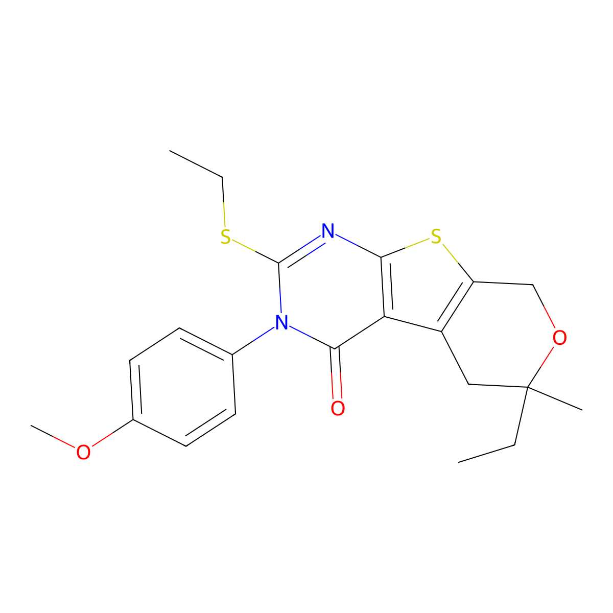 6-Ethyl-2-ethylsulfanyl-3-(4-methoxyphenyl)-6-methyl-5,8-dihydropyrano[2,3]thieno[2,4-b]pyrimidin-4-one molecular structure, CAS 375834-21-2