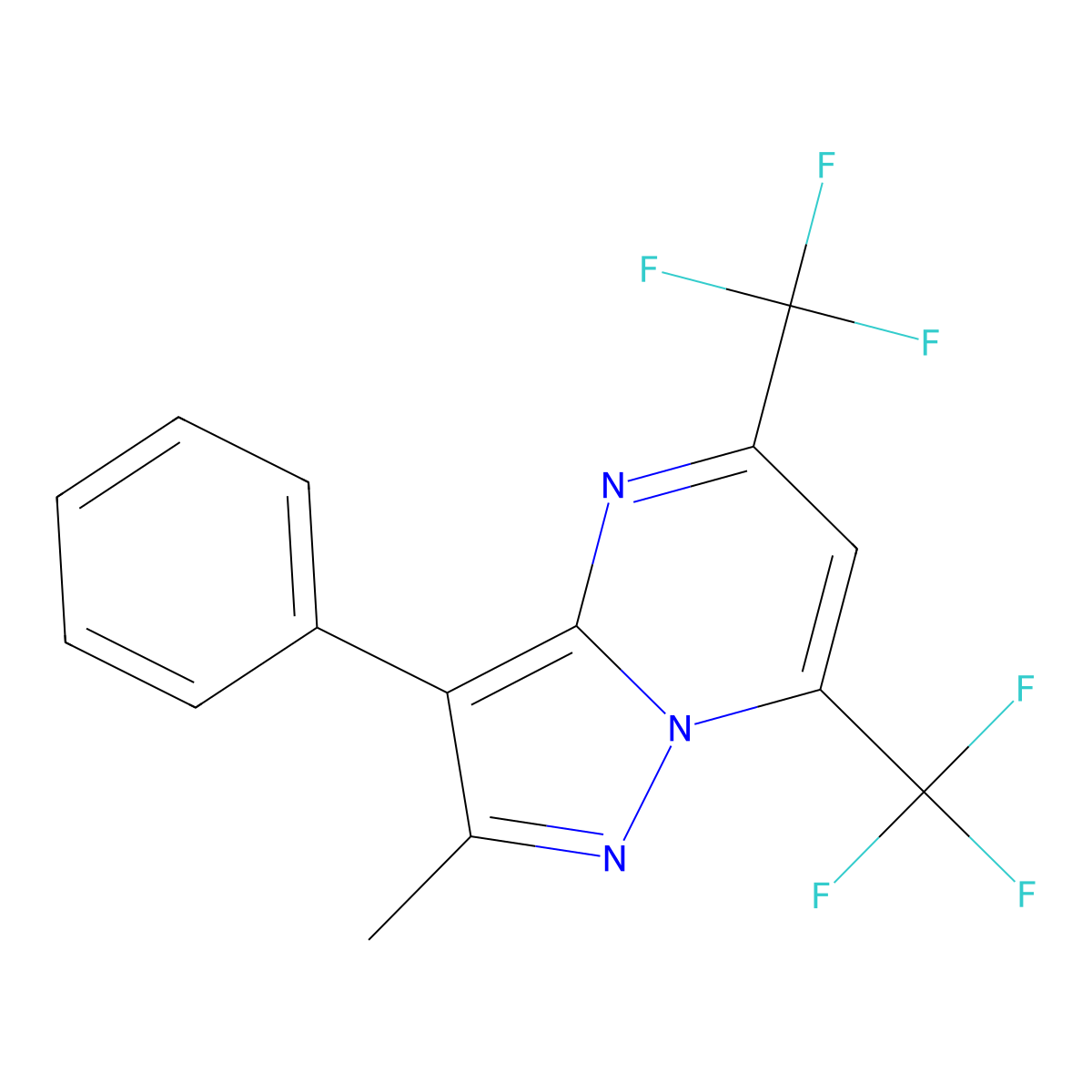2-Methyl-3-phenyl-5,7-bis(trifluoromethyl)pyrazolo[1,5-a]pyrimidine molecular structure, CAS 375834-76-7