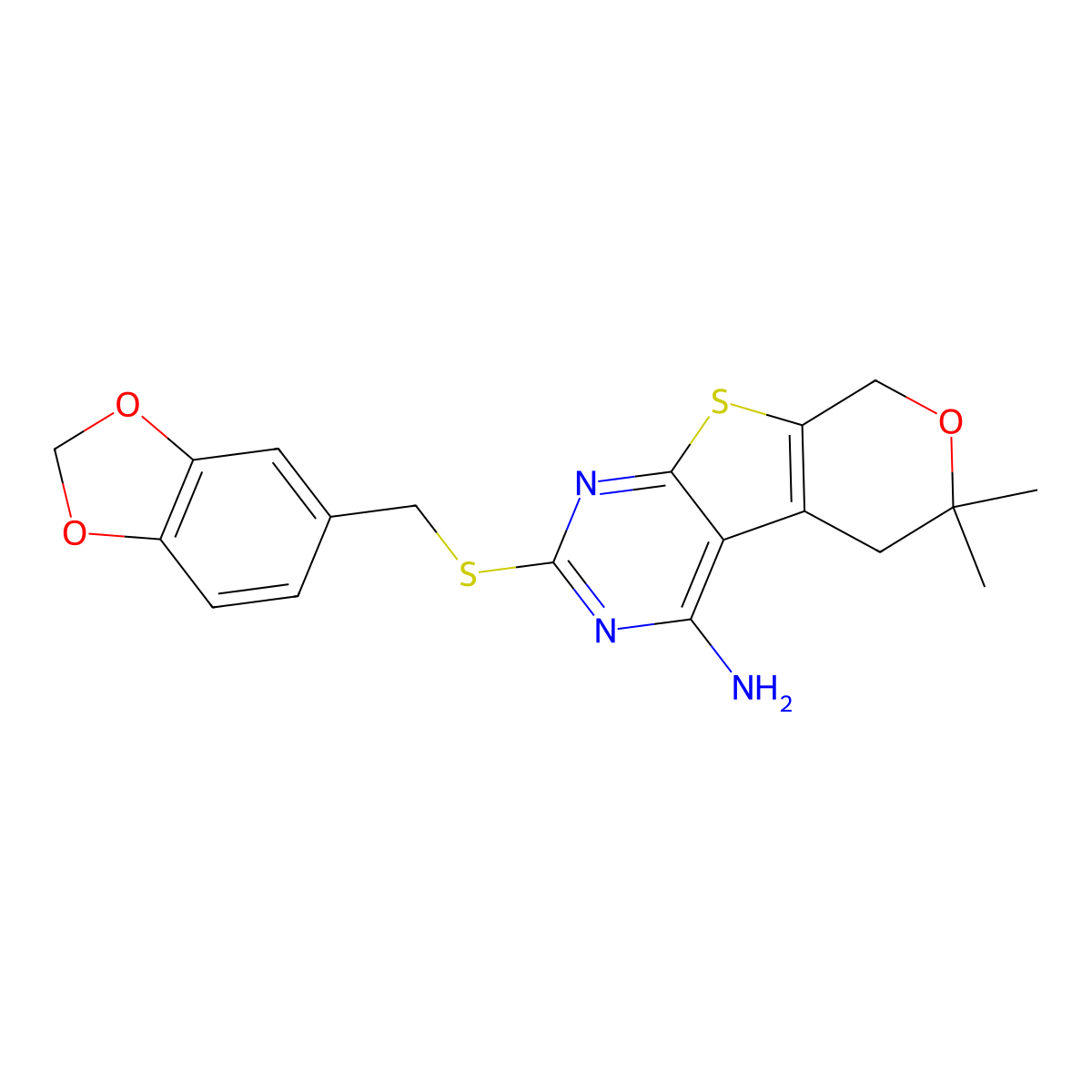 2-[(1,3-benzodioxol-5-ylmethyl)sulfanyl]-6,6-dimethyl-5,8-dihydro-6H-pyrano[4',3':4,5]thieno[2,3-d]pyrimidin-4-amine molecular structure, CAS 375834-97-2