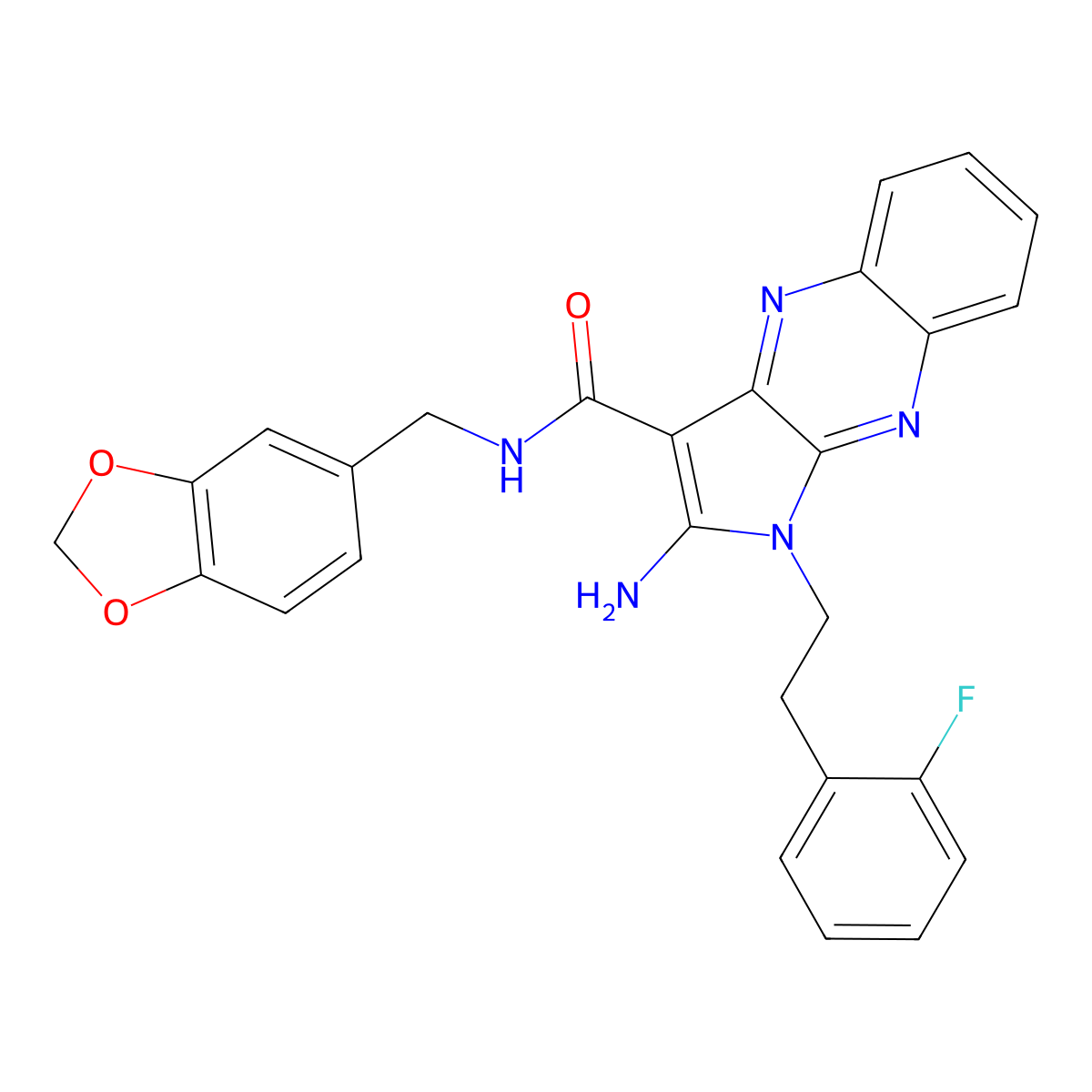 2-amino-N-(1,3-benzodioxol-5-ylmethyl)-1-[2-(2-fluorophenyl)ethyl]-1H-pyrrolo[2,3-b]quinoxaline-3-carboxamide molecular structure, CAS 375835-33-9