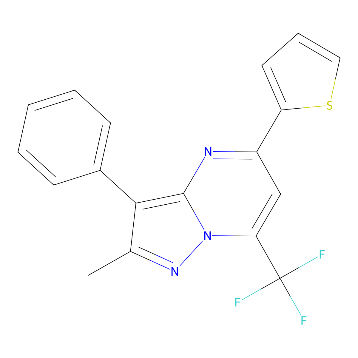 2-Methyl-3-phenyl-5-(thiophen-2-yl)-7-(trifluoromethyl)pyrazolo[1,5-a]pyrimidine molecular structure, CAS 375835-42-0