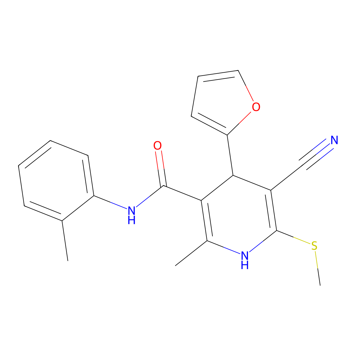 5-cyano-4-(furan-2-yl)-2-methyl-6-(methylthio)-N-(o-tolyl)-1,4-dihydropyridine-3-carboxamide molecular structure, CAS 375835-69-1
