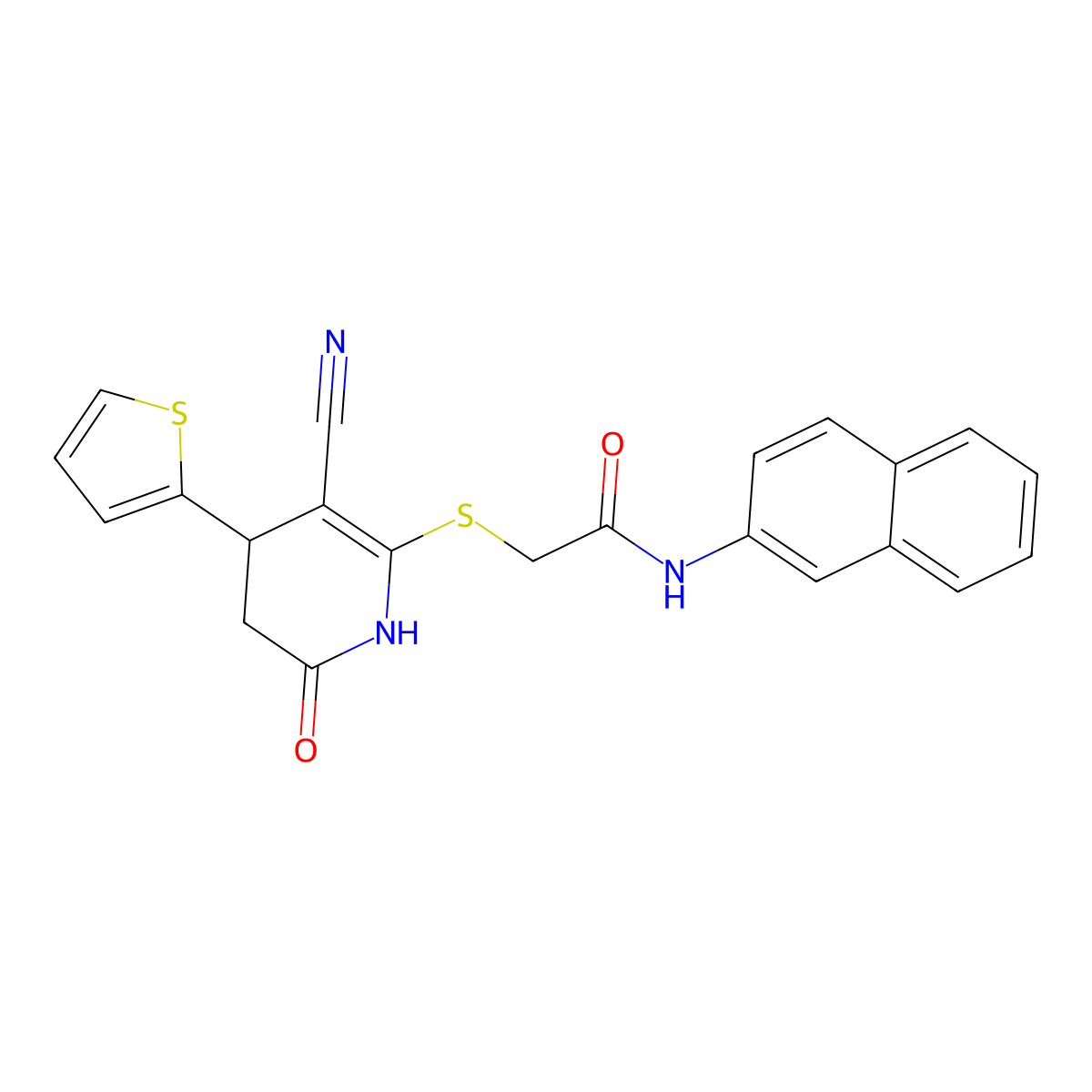 2-{[3-cyano-6-oxo-4-(thiophen-2-yl)-1,4,5,6-tetrahydropyridin-2-yl]sulfanyl}-N-(naphthalen-2-yl)acetamide molecular structure, CAS 375835-86-2