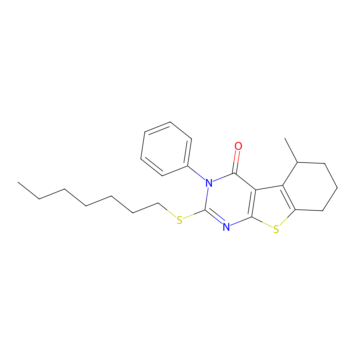 2-(heptylsulfanyl)-5-methyl-3-phenyl-5,6,7,8-tetrahydro[1]benzothieno[2,3-d]pyrimidin-4(3H)-one molecular structure, CAS 375836-00-3