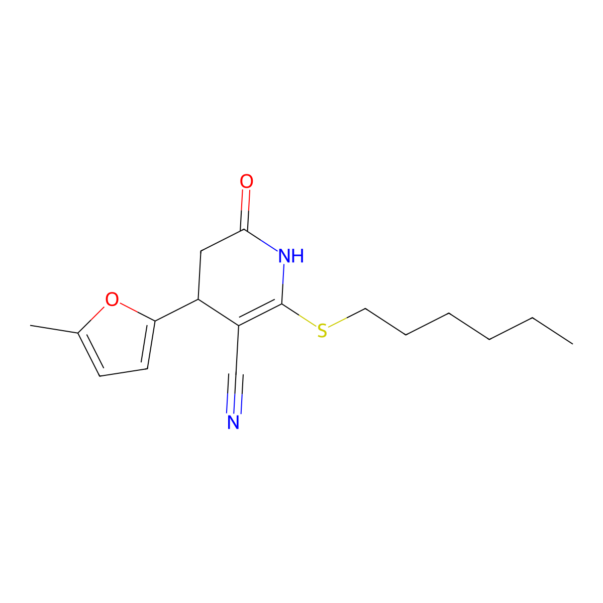 2-(Hexylthio)-4-(5-methylfuran-2-yl)-6-oxo-1,4,5,6-tetrahydropyridine-3-carbonitrile molecular structure, CAS 375836-10-5