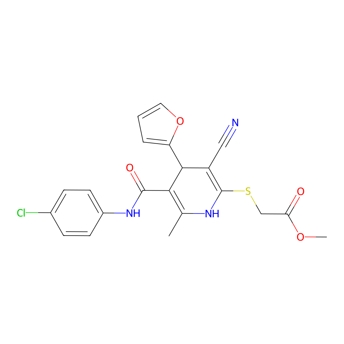 Methyl 2-({5-[(4-chlorophenyl)carbamoyl]-3-cyano-4-(furan-2-YL)-6-methyl-1,4-dihydropyridin-2-YL}sulfanyl)acetate molecular structure, CAS 375836-15-0