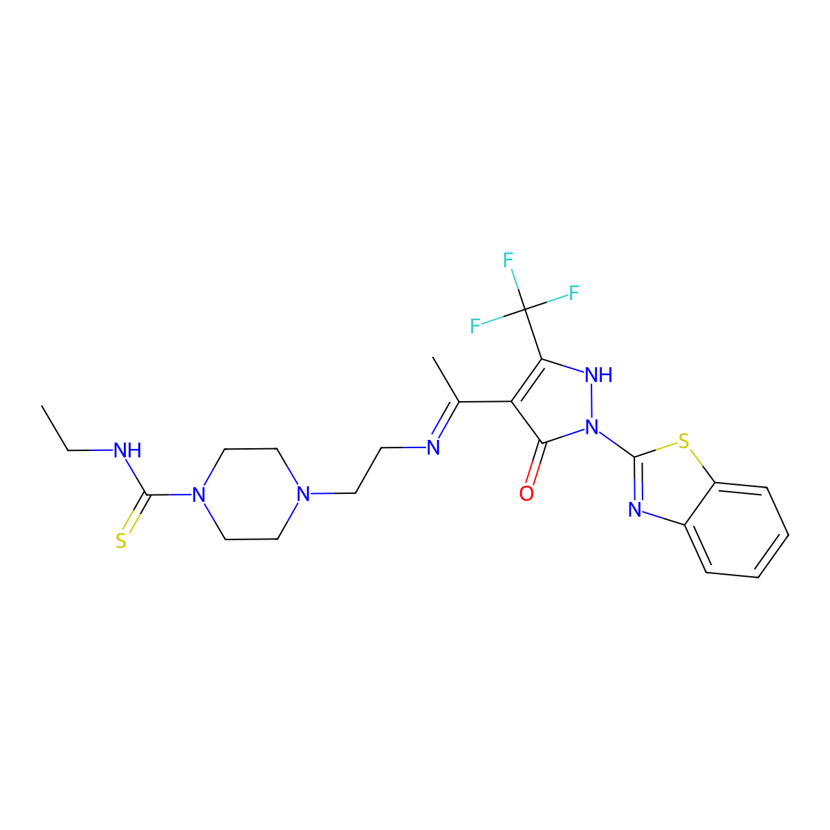 4-[2-({(1E)-1-[1-(1,3-benzothiazol-2-yl)-5-oxo-3-(trifluoromethyl)-1,5-dihydro-4H-pyrazol-4-ylidene]ethyl}amino)ethyl]-N-ethylpiperazine-1-carbothioamide molecular structure, CAS 375836-42-3
