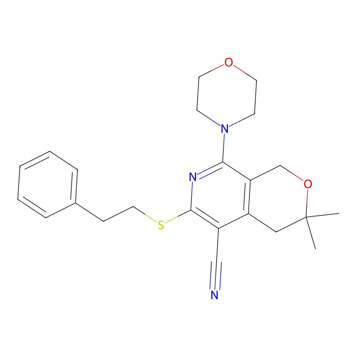 3,3-Dimethyl-8-morpholin-4-yl-6-(2-phenylethylsulfanyl)-1,4-dihydropyrano[3,4-c]pyridine-5-carbonitrile molecular structure, CAS 375836-83-2