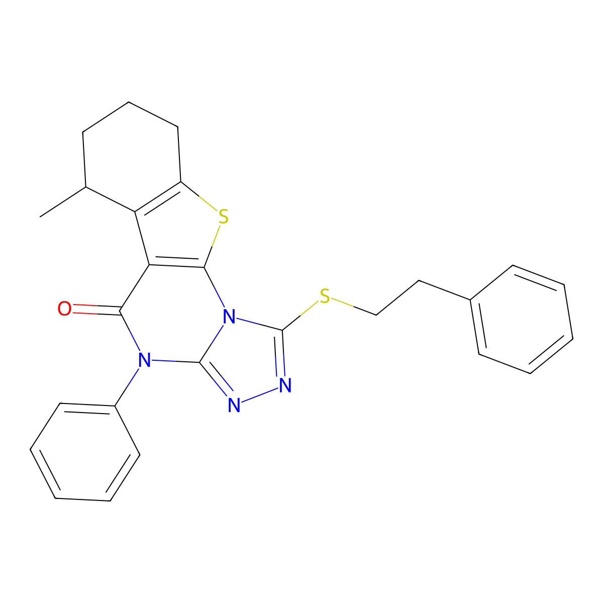6-methyl-4-phenyl-1-[(2-phenylethyl)sulfanyl]-6,7,8,9-tetrahydro[1]benzothieno[3,2-e][1,2,4]triazolo[4,3-a]pyrimidin-5(4H)-one molecular structure, CAS 375837-08-4