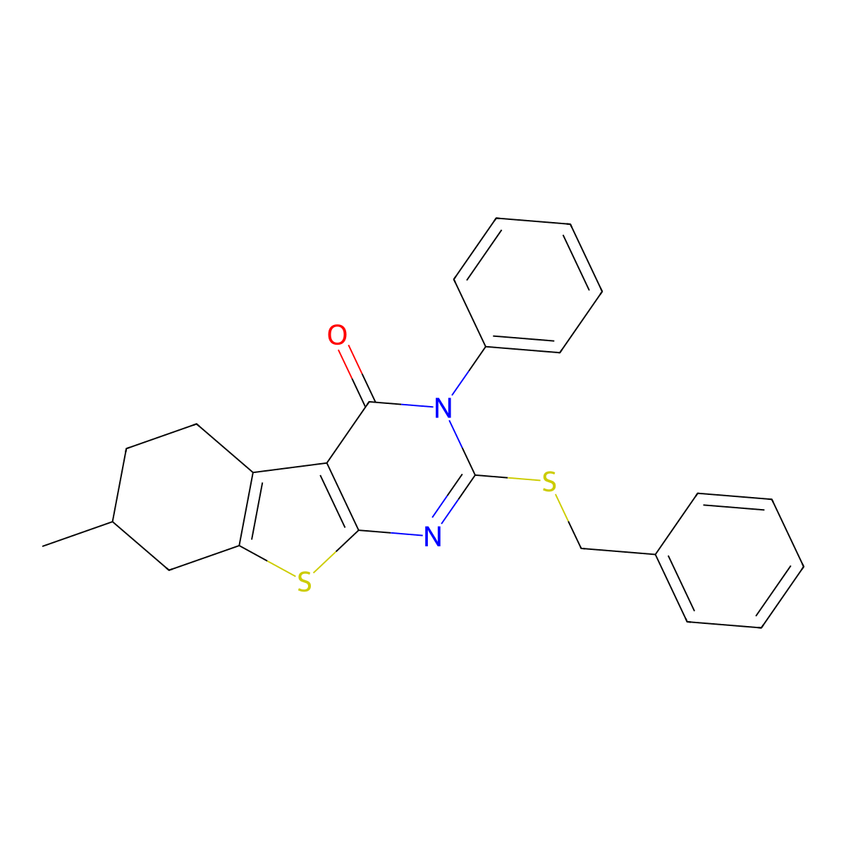 2-Benzylsulfanyl-7-methyl-3-phenyl-5,6,7,8-tetrahydro-[1]benzothiolo[2,3-d]pyrimidin-4-one molecular structure, CAS 375837-19-7