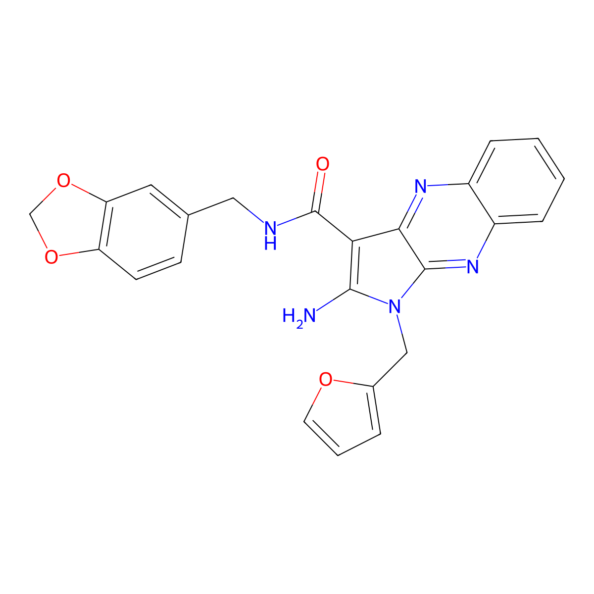 2-amino-N-(1,3-benzodioxol-5-ylmethyl)-1-(furan-2-ylmethyl)-1H-pyrrolo[2,3-b]quinoxaline-3-carboxamide molecular structure, CAS 375837-20-0