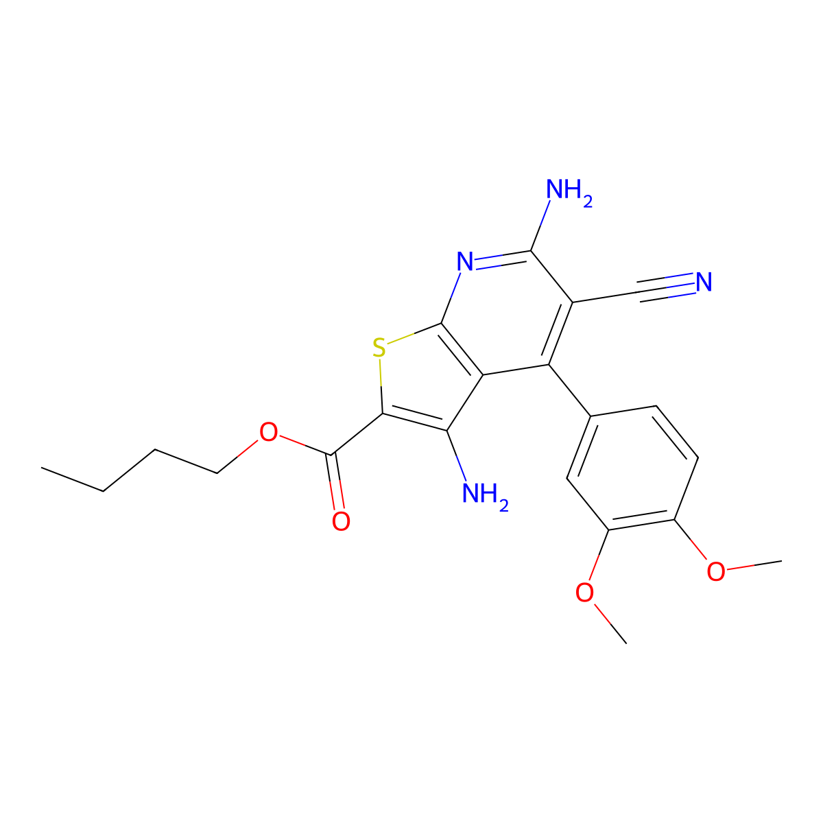Butyl 3,6-diamino-5-cyano-4-(3,4-dimethoxyphenyl)thieno[2,3-b]pyridine-2-carboxylate molecular structure, CAS 375837-21-1
