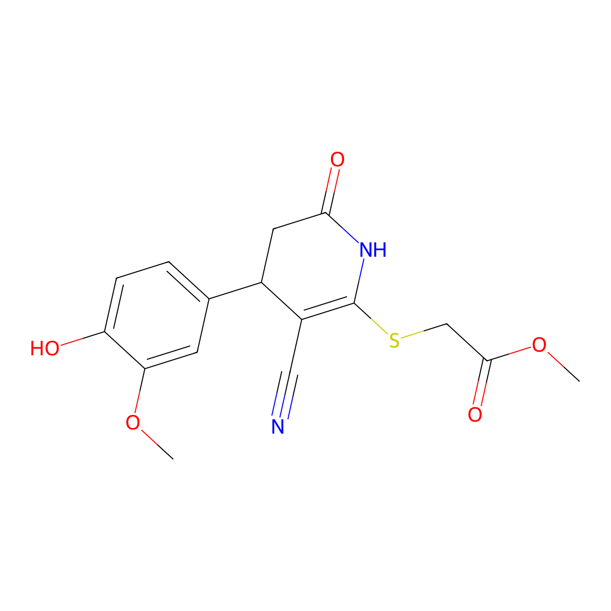 Methyl {[3-cyano-4-(4-hydroxy-3-methoxyphenyl)-6-oxo-1,4,5,6-tetrahydropyridin-2-yl]sulfanyl}acetate molecular structure, CAS 375838-11-2