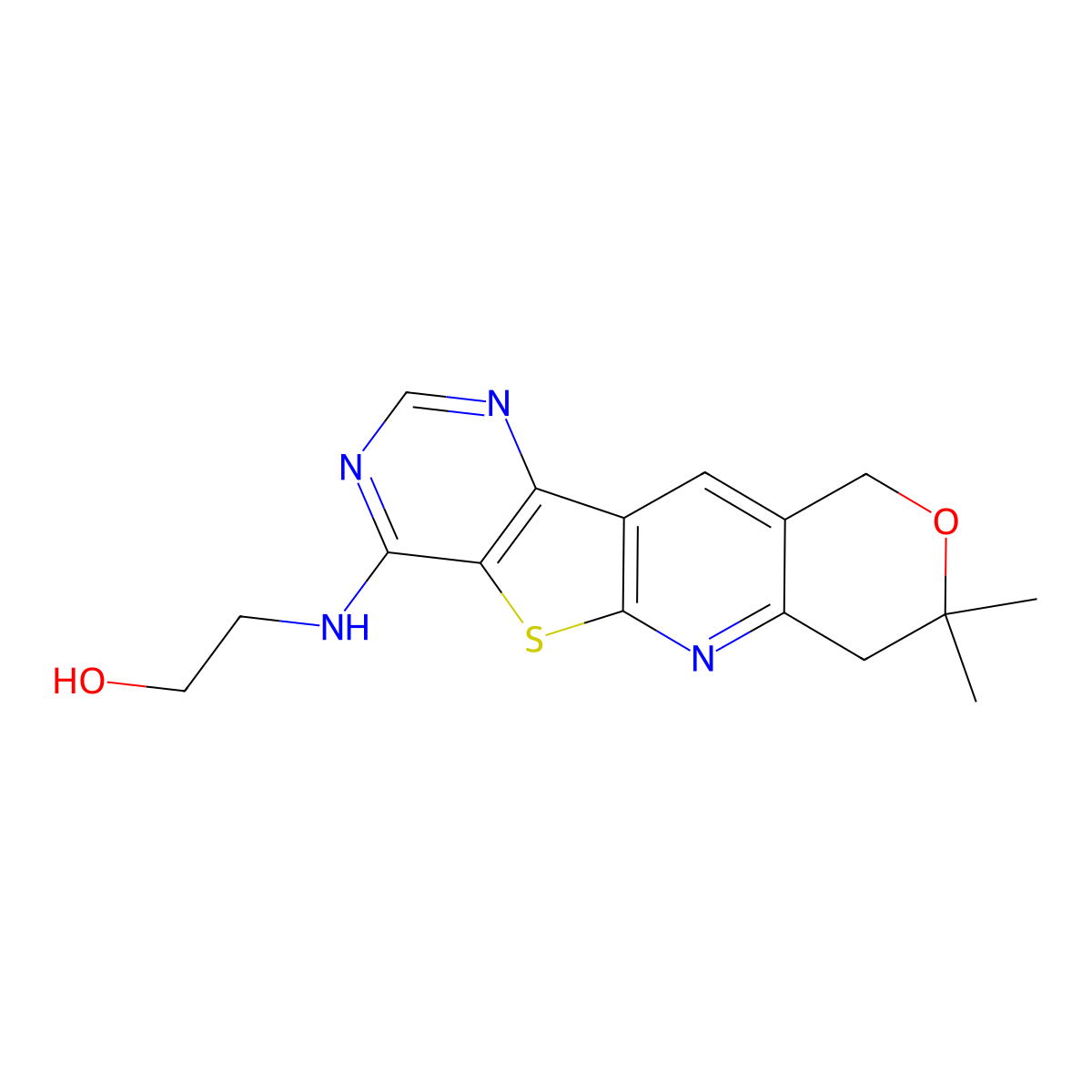 2-((8,8-dimethyl-8,10-dihydro-7H-pyrano[3'',4'':5',6']pyrido[3',2':4,5]thieno[3,2-d]pyrimidin-4-yl)amino)ethanol molecular structure, CAS 375838-12-3